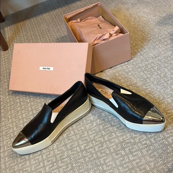 Miu Miu Black Slip-On Skater Platform Sneakers with Silver-Toned Tips - 39.5 - Picture 6 of 14